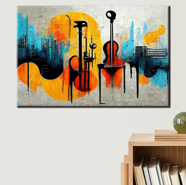 Een schilderij van gitaren en instrumenten Een schilderij van gitaren en instrumenten