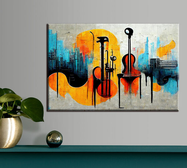 Een schilderij van gitaren en instrumenten Een schilderij van gitaren en instrumenten