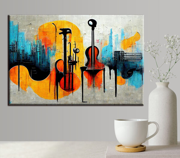 Een schilderij van gitaren en instrumenten Een schilderij van gitaren en instrumenten