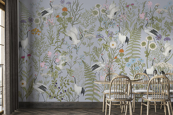 A wallpaper with birds and flowers