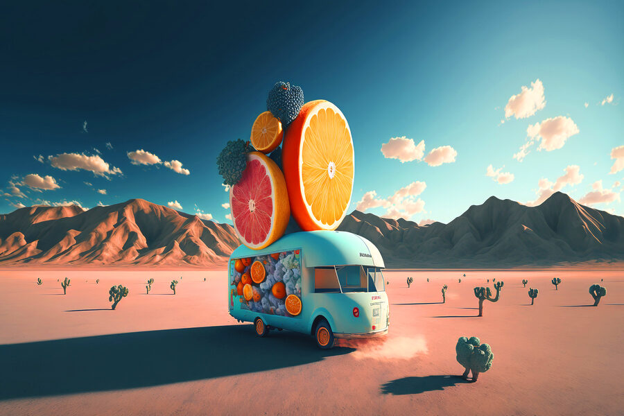 Een busje met fruit erop