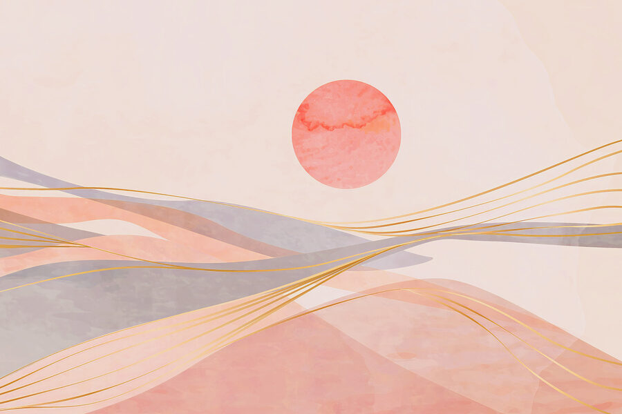 Roze en grijze golven met een rode zon