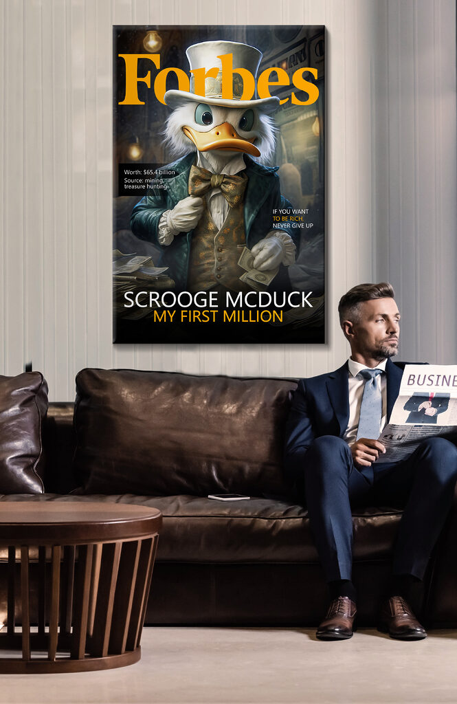 A duck wearing a suit and a bow tie holding money