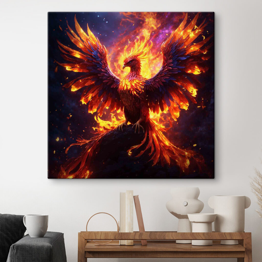 A bird with wings spread and flames in the background
