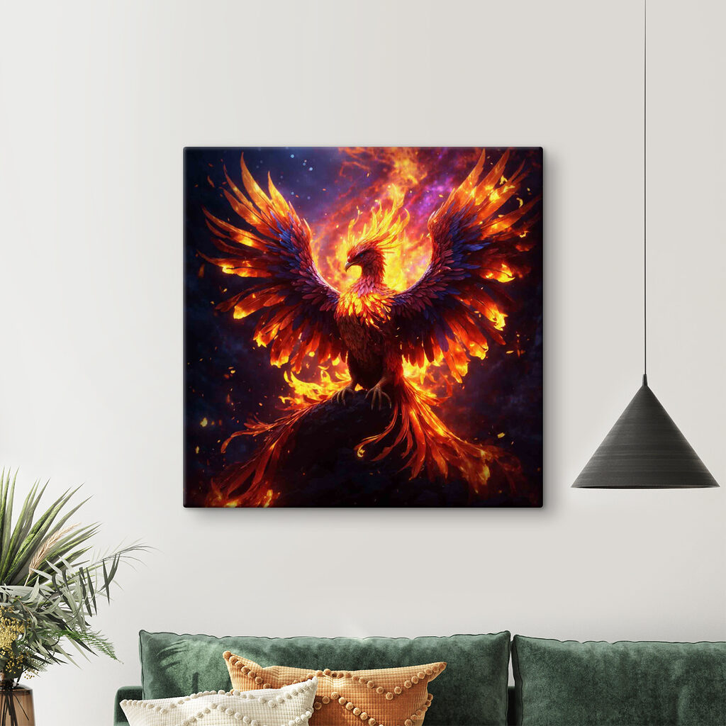 A bird with wings spread and flames in the background
