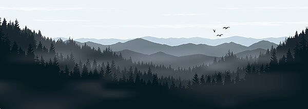 Een landschap van bergen en bomen Een landschap van bergen en bomen