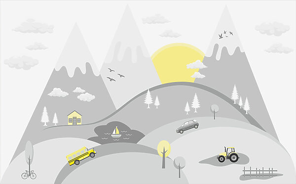 Een cartoon van auto's en vrachtwagens op een heuvel Een cartoon van auto's en vrachtwagens op een heuvel