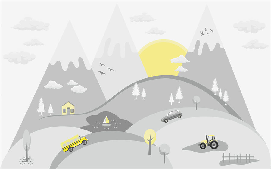 Een cartoon van auto's en vrachtwagens op een heuvel Een cartoon van auto's en vrachtwagens op een heuvel