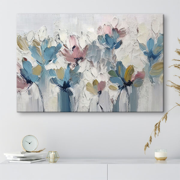 Een schilderij van bloemen op een wit oppervlak Een schilderij van bloemen op een wit oppervlak