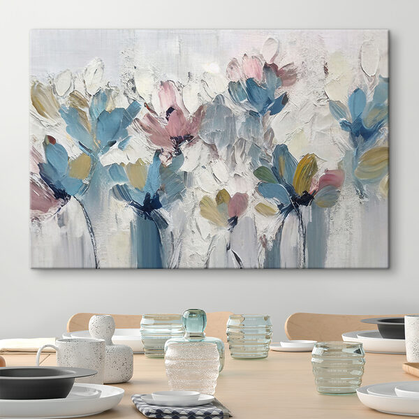 Een schilderij van bloemen op een wit oppervlak Een schilderij van bloemen op een wit oppervlak