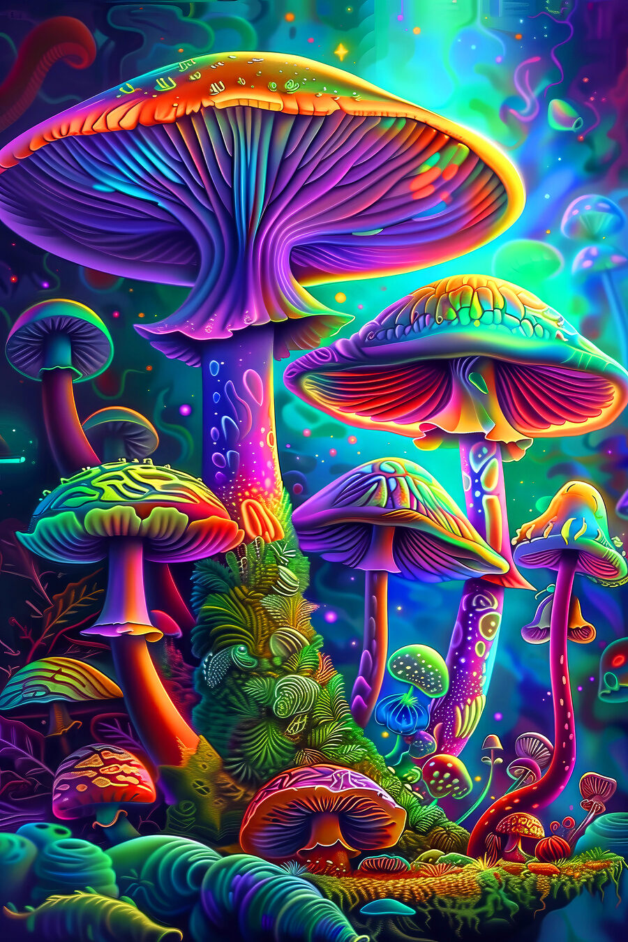 Een groep kleurrijke paddenstoelen