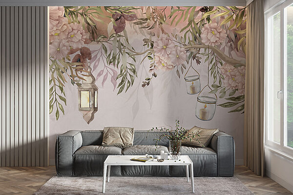 Een schilderij van een boom met bloemen en lantaarns Een schilderij van een boom met bloemen en lantaarns