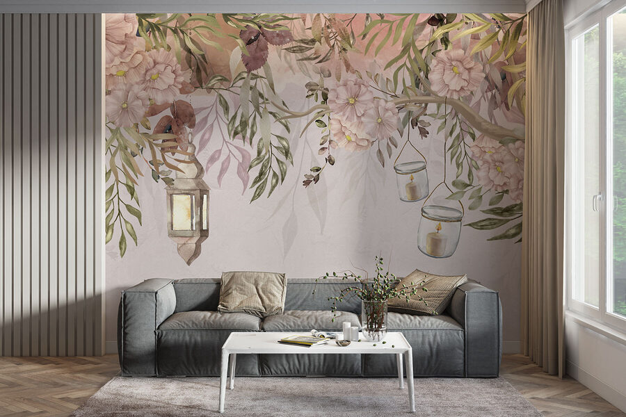 Een schilderij van een boom met bloemen en lantaarns