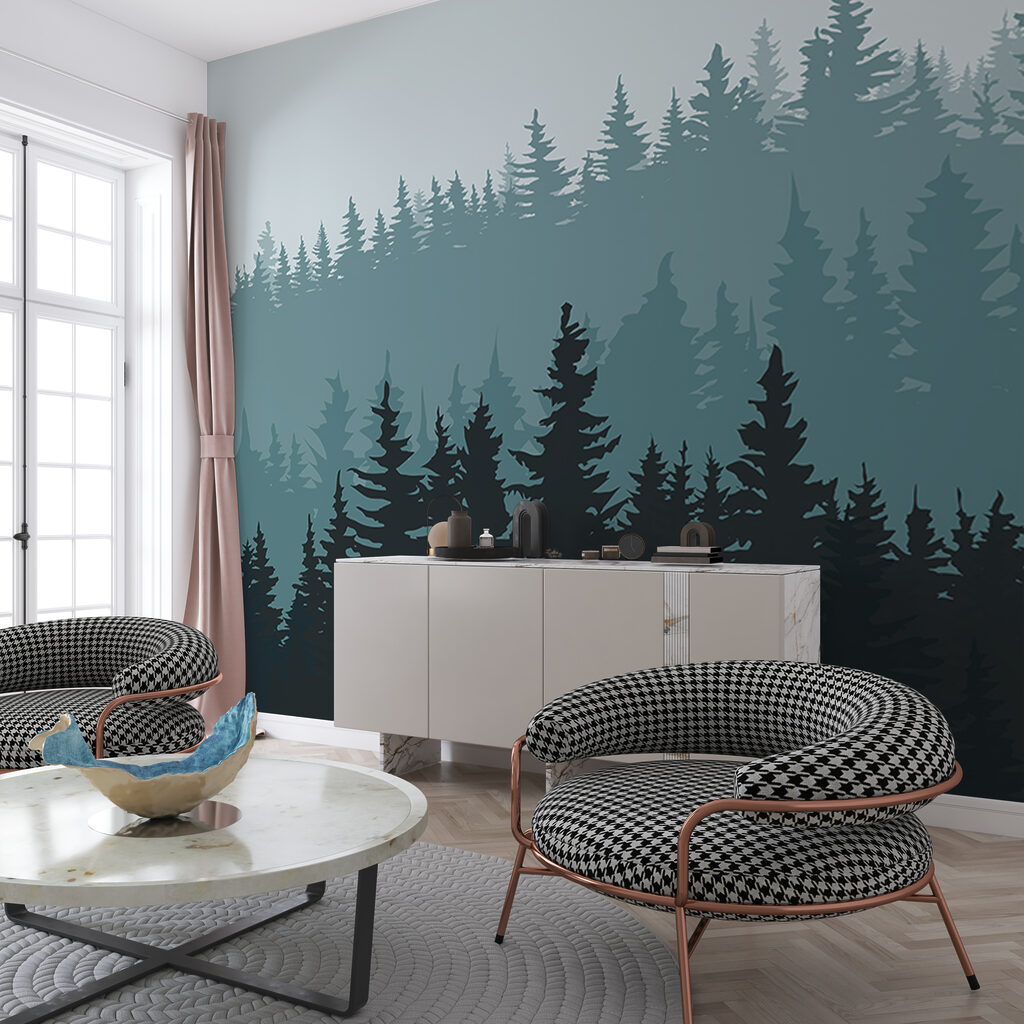 A forest of trees in the fog A forest of trees in the fog