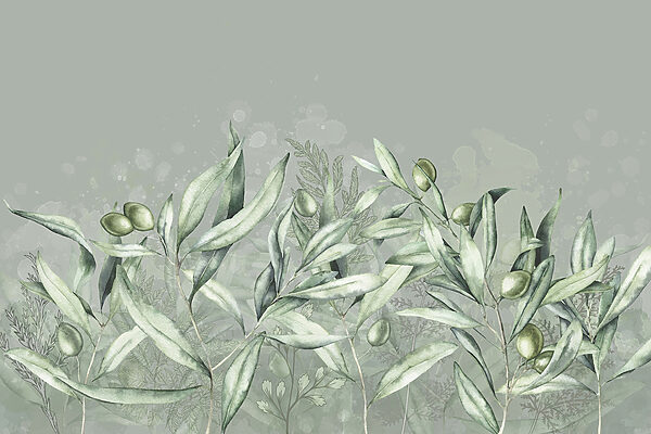 A painting of green leaves and olives