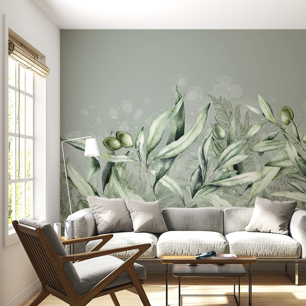 A painting of green leaves and olives