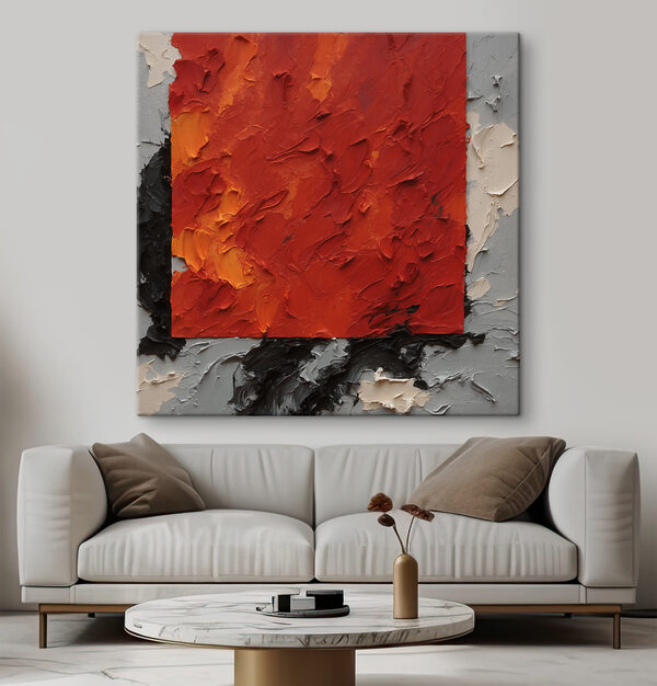 Een schilderij van een rood vierkant met zwarte en witte verf Een schilderij van een rood vierkant met zwarte en witte verf