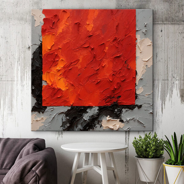 Een schilderij van een rood vierkant met zwarte en witte verf Een schilderij van een rood vierkant met zwarte en witte verf