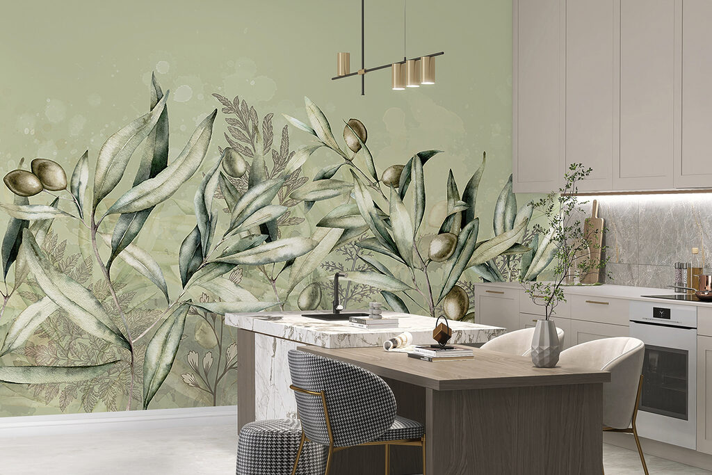 A painting of olives and leaves