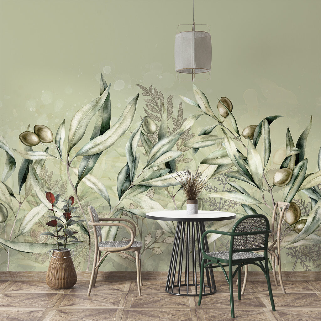 A painting of olives and leaves