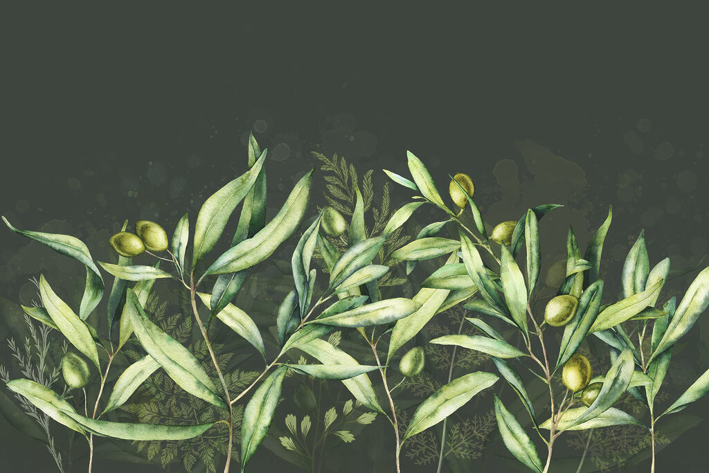 A painting of green leaves and fruits