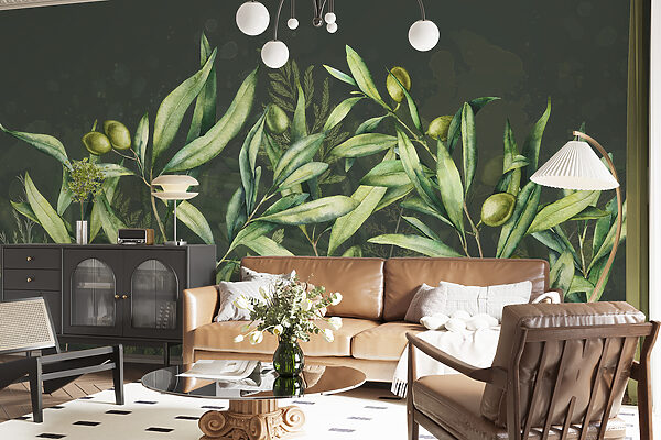A painting of green leaves and fruits