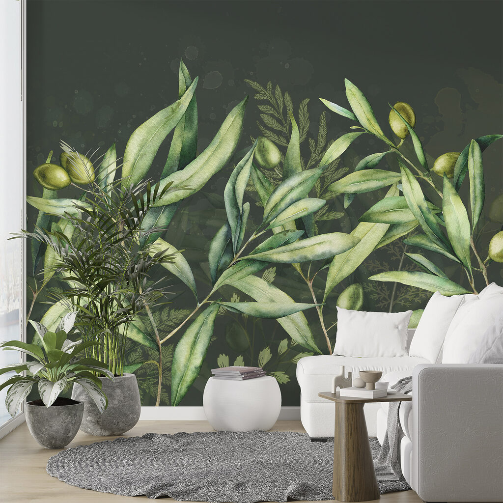A painting of green leaves and fruits