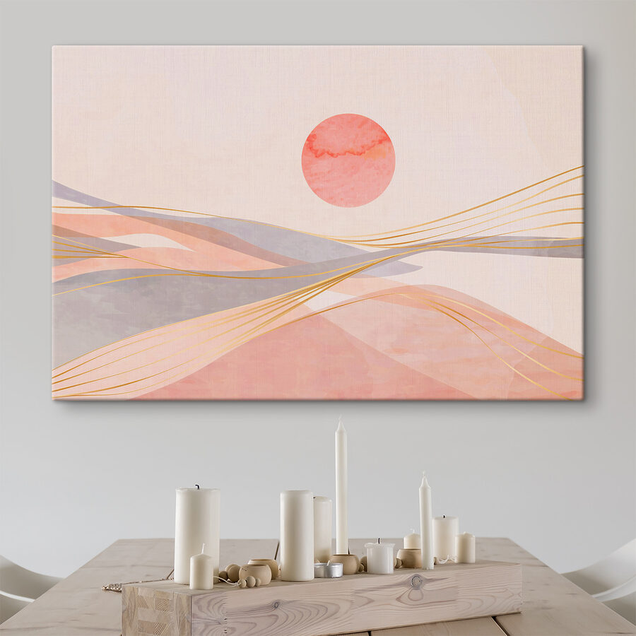 Roze en grijze golven met een rode zon