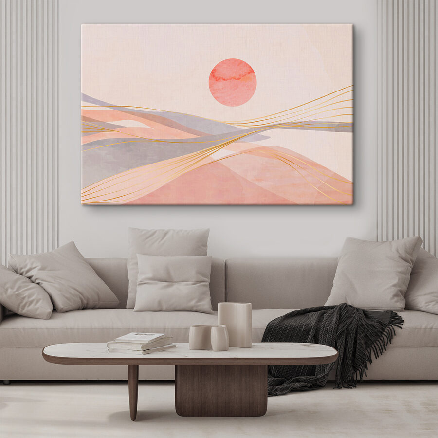 Roze en grijze golven met een rode zon