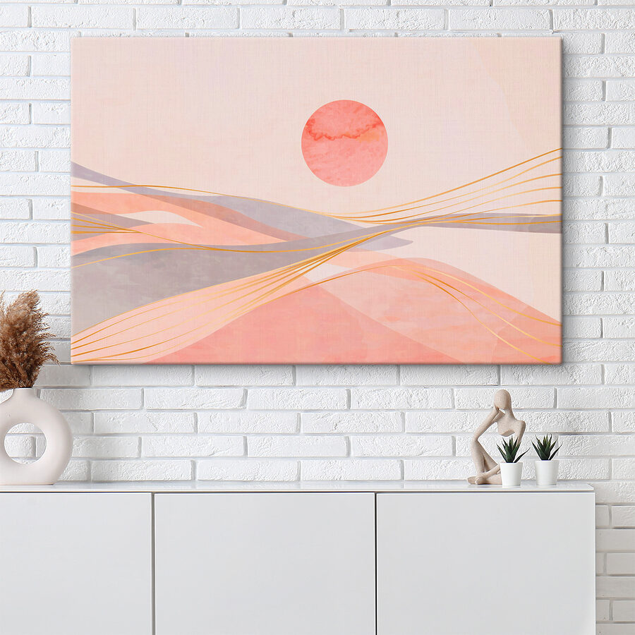 Roze en grijze golven met een rode zon