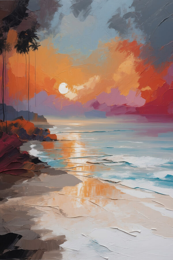 Een schilderij van een strand met palmbomen en een zonsondergang Een schilderij van een strand met palmbomen en een zonsondergang