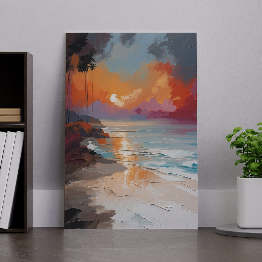 Een schilderij van een strand met palmbomen en een zonsondergang
