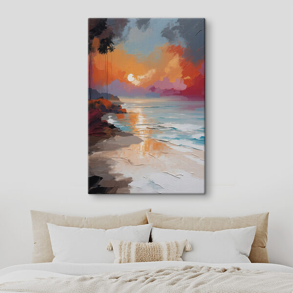 Een schilderij van een strand met palmbomen en een zonsondergang Een schilderij van een strand met palmbomen en een zonsondergang