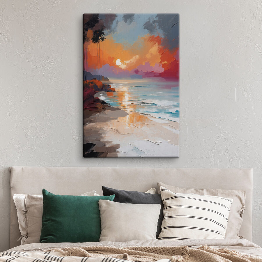 Een schilderij van een strand met palmbomen en een zonsondergang