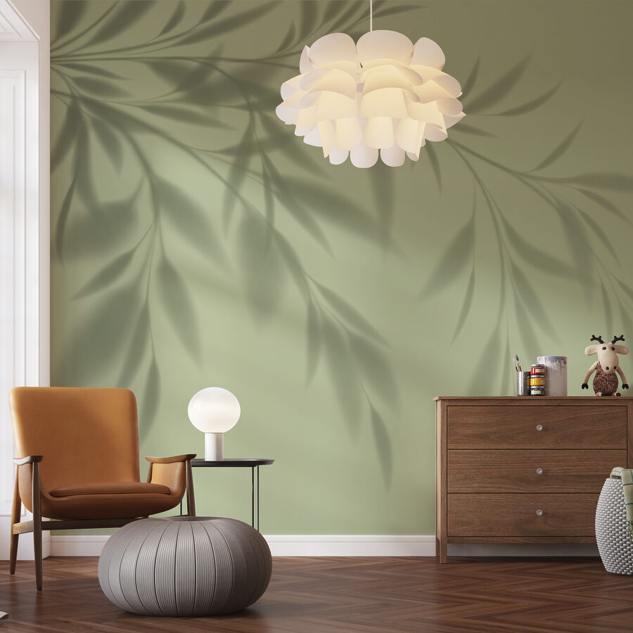Fotobehang Een schaduw van een plant op een muur - Afbeelding 2