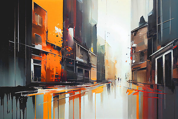 Een schilderij van een straat met gebouwen Een schilderij van een straat met gebouwen