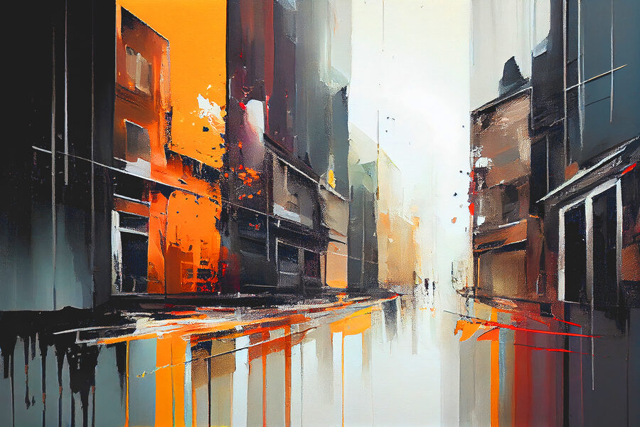 Een schilderij van een straat met gebouwen