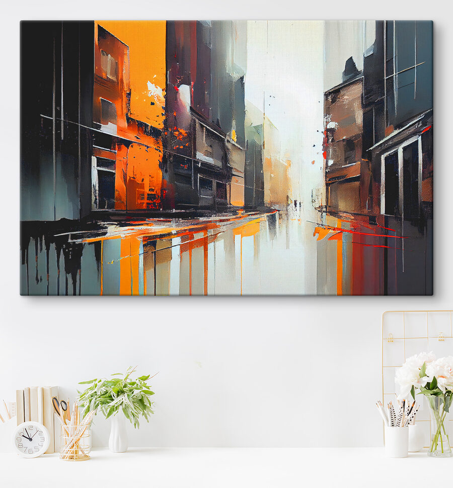 Een schilderij van een straat met gebouwen