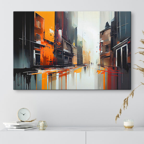 Een schilderij van een straat met gebouwen Een schilderij van een straat met gebouwen