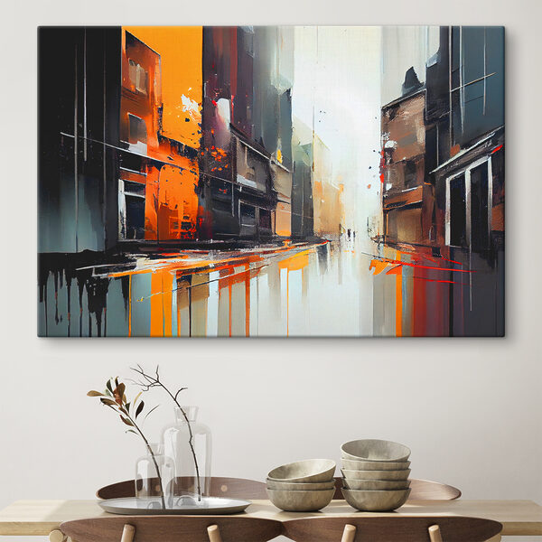 Een schilderij van een straat met gebouwen Een schilderij van een straat met gebouwen