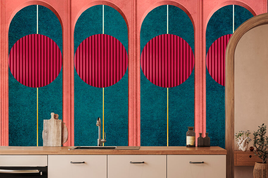 Een muur met rode cirkels en blauwe en groene muren