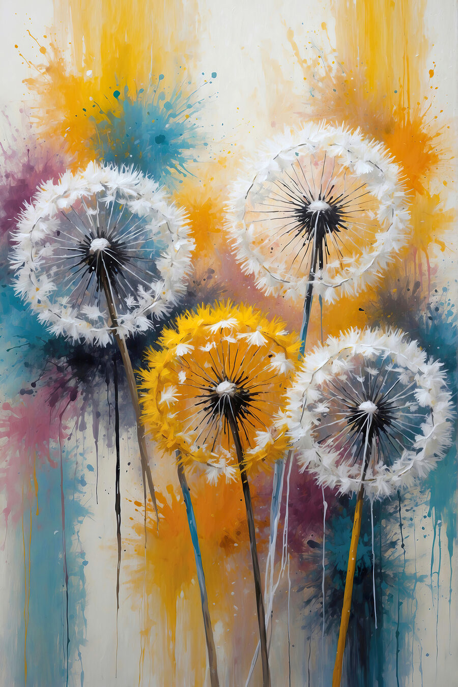 Een groep paardenbloemen met witte zaden