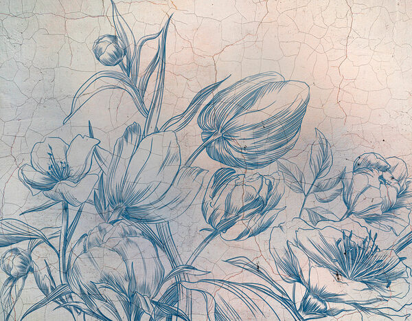 Een tekening van bloemen op een gebarsten muur Een tekening van bloemen op een gebarsten muur