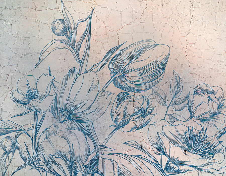 Fotobehang Een tekening van bloemen op een gebarsten muur - Afbeelding 5