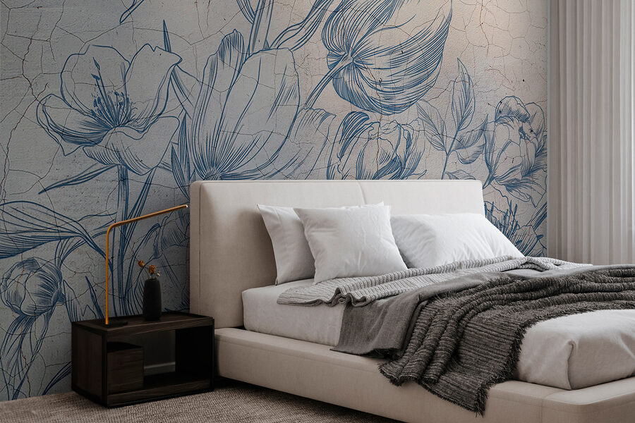 Fotobehang Een tekening van bloemen op een gebarsten muur
