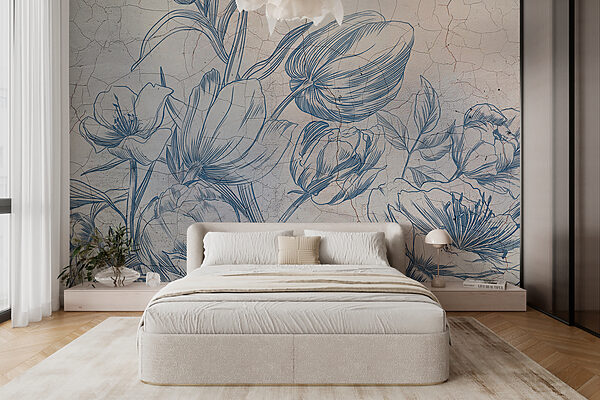 Een tekening van bloemen op een gebarsten muur Een tekening van bloemen op een gebarsten muur
