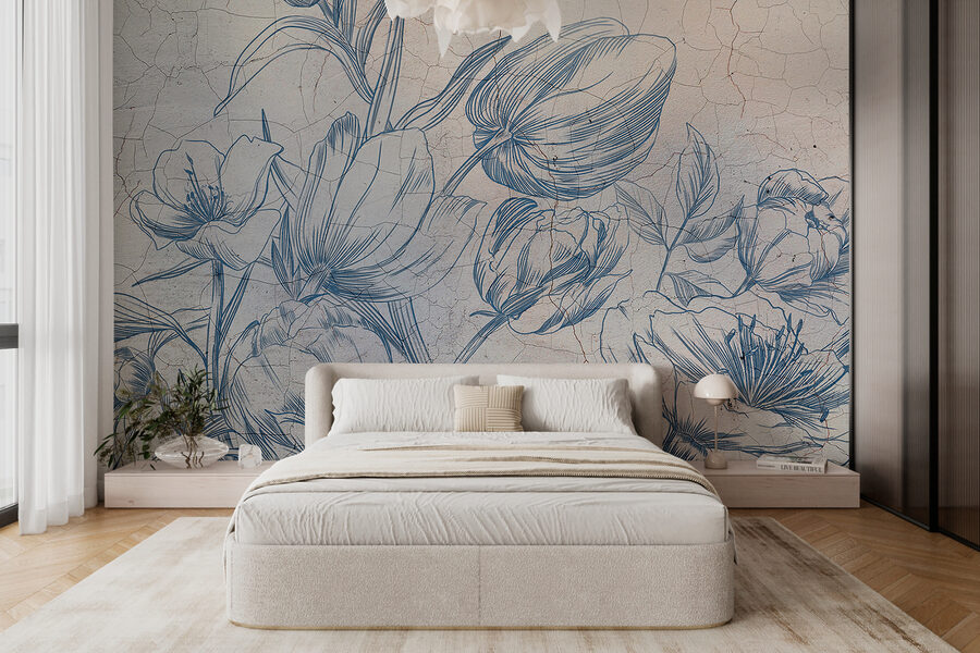 Fotobehang Een tekening van bloemen op een gebarsten muur - Afbeelding 2
