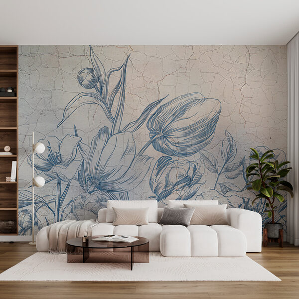Een tekening van bloemen op een gebarsten muur Een tekening van bloemen op een gebarsten muur