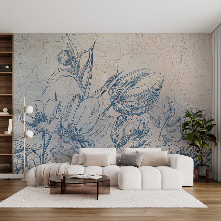 Fotobehang Een tekening van bloemen op een gebarsten muur - Afbeelding 3