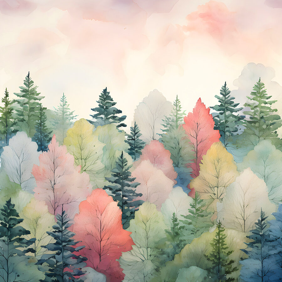 Een aquarelschilderij van bomen